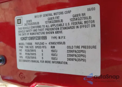 2000 Chevrolet Blazer Lt из США, поврежденный, VIN 1GNDT13W9Y2381899